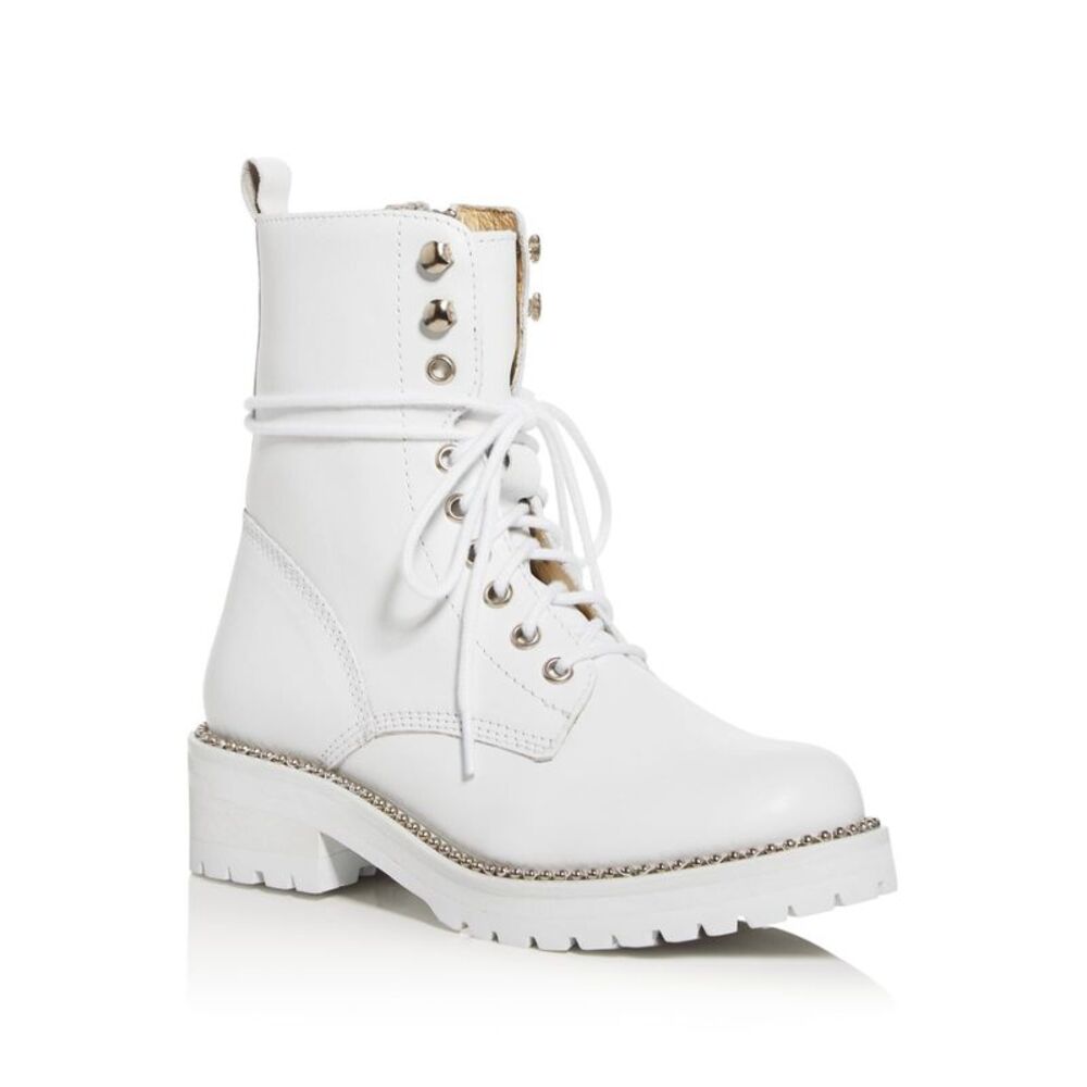 AQUA Womens White 1" Platform Jax Toe Block Heel Leather Combat Boots 6 M